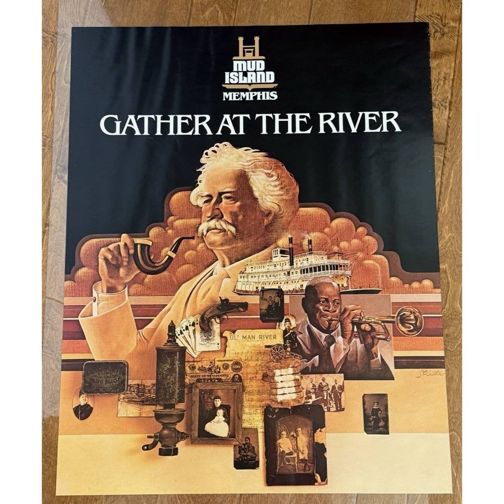 Vintage Mud Island Memphis "Gather At The River" Poster‎ 24x30.5 Americana Twain